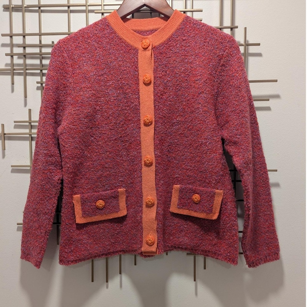 Vtg 90s Cardigan Pink Orange Textured Boucle Knit Button Front Sz L Mod‎ Office